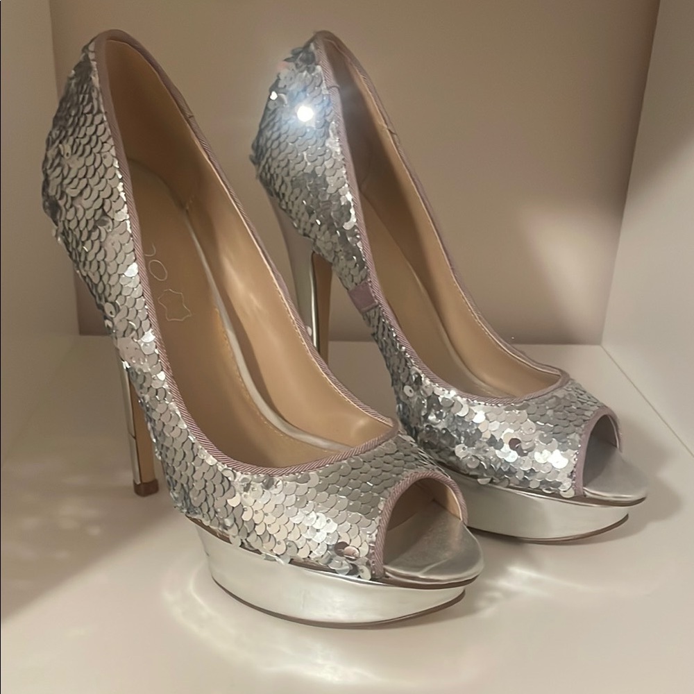 Elegant Silver Peep-Toe Platform Heels